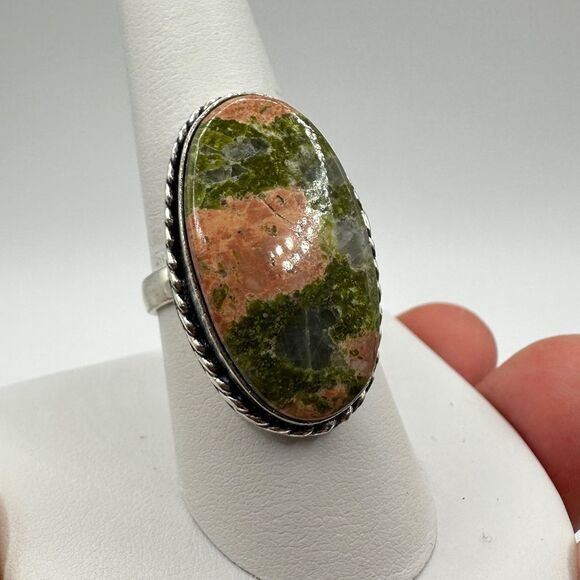 Genuine unakite jasper cabochon ring in solid Sterling silver! - Picture 9 of 11